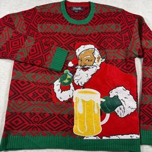 33Degrees Mens Ugly Christmas Sweater Santa Beer XL Red Green Knit Holiday